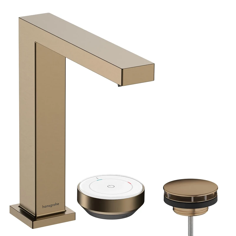 hansgrohe Tecturis E - 2-hole bathroom tap with waste set, energy-saving (CoolStart), bathroom sink tap with spout height 150 mm, basin mixer tap water-saving (EcoSmart+), brushed bronze, 73053140