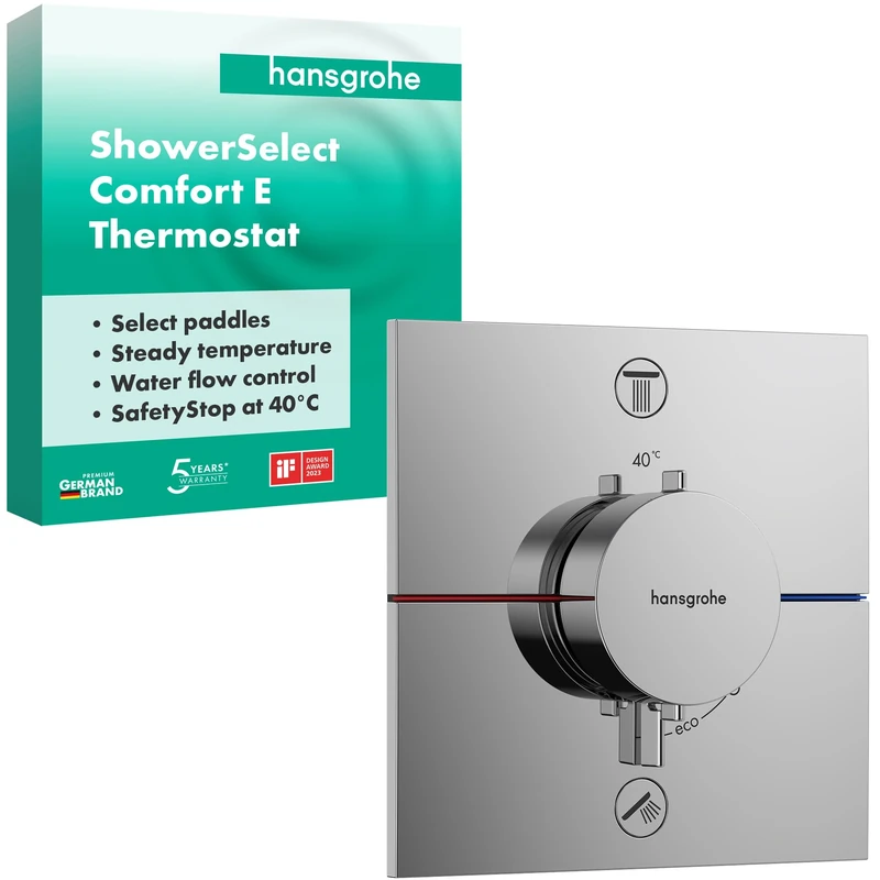 hansgrohe ShowerSelect Comfort E - thermostat conceiled, bathroom tap with safety stop at 40 °C, thermostat square for showers and bath tubs, shower mixer for 2 functions, chrome, 15572000