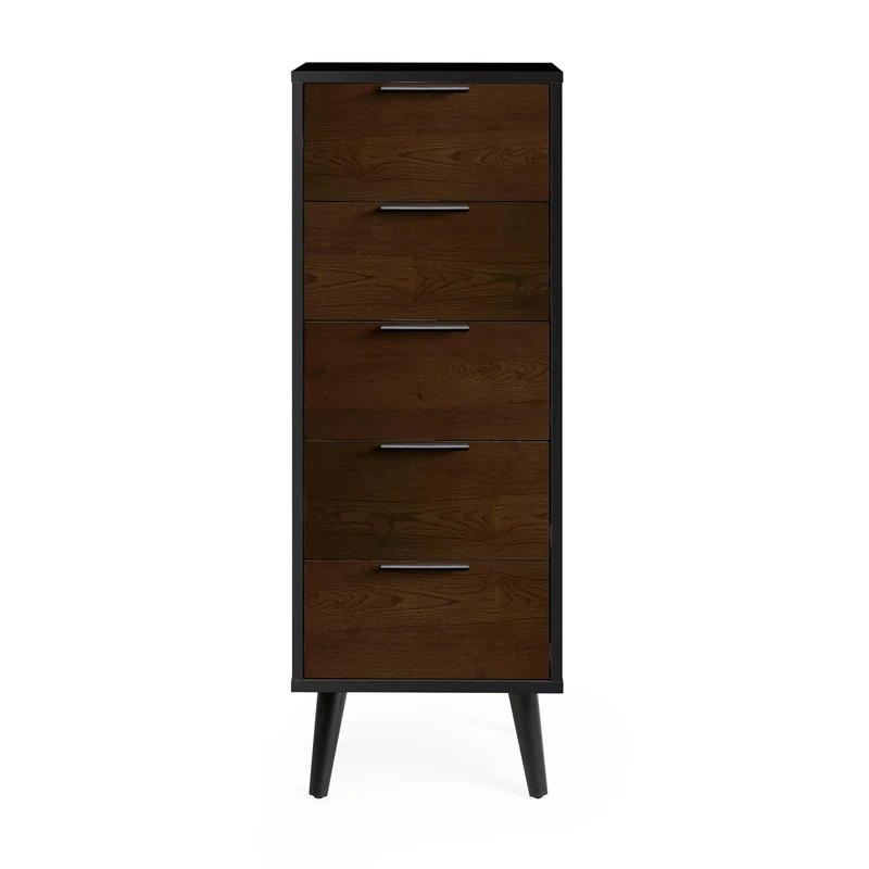 Julian Bowen Alba 5 Drawer Narrow Chest-Soft Close, Walnut and Black, 120.5 x 45 x 40