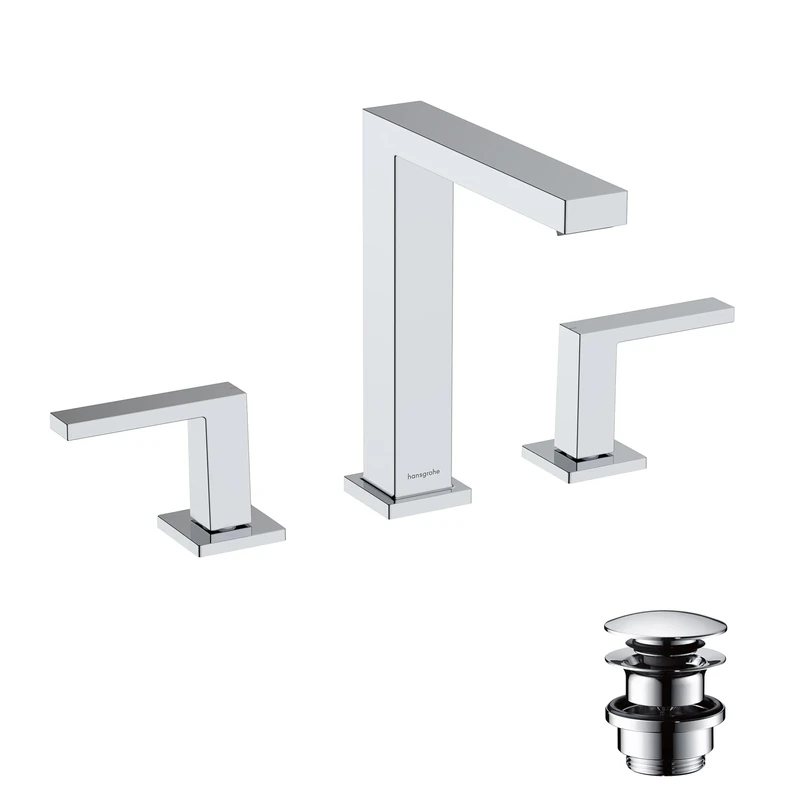 hansgrohe Tecturis E - 3-hole bathroom tap with push-open waste set, bathroom sink tap with spout height 150 mm, basin mixer tap water-saving (EcoSmart+), chrome, 73030000