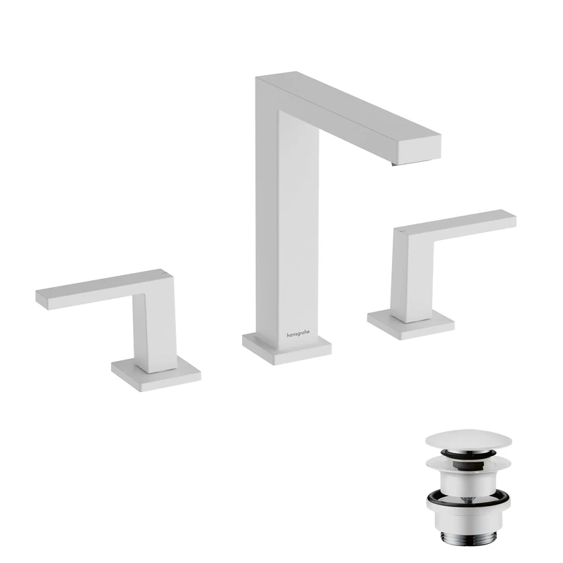 hansgrohe Tecturis E - 3-hole bathroom tap with push-open waste set, bathroom sink tap with spout height 150 mm, basin mixer tap water-saving (EcoSmart+), matt white, 73030700