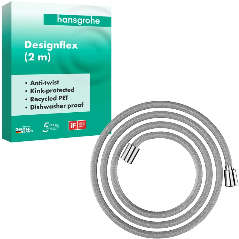 hansgrohe Designflex - universal fit shower hose 2,00 m, tangle free, flexible shower head hose anti-kink, incl. sealing rings, chrome, 28230000
