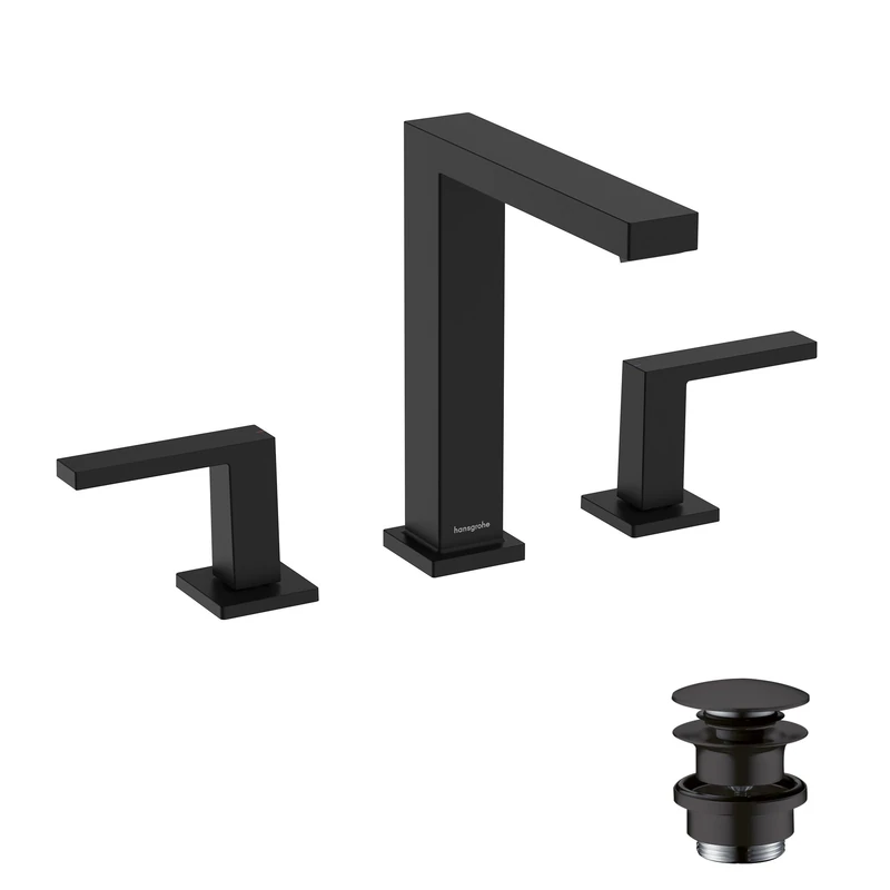 hansgrohe Tecturis E - 3-hole bathroom tap with push-open waste set, bathroom sink tap with spout height 150 mm, basin mixer tap water-saving (EcoSmart+), matt black, 73030670 - Image 1