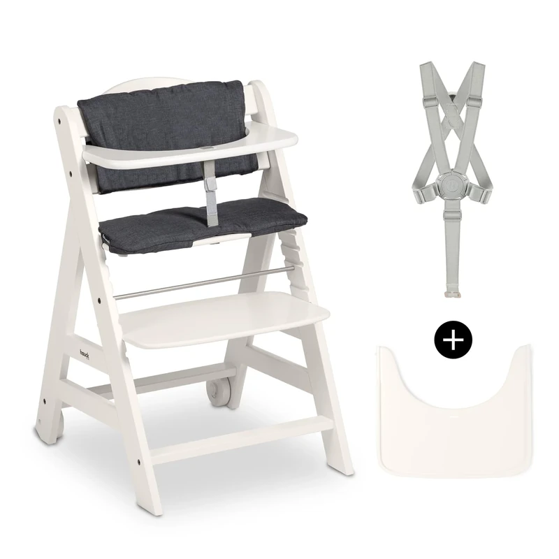 hauck Beta+, White - Wooden High Chair Set from 6 Months to 90 kg - with Wheels, Seat Cushion, Wooden Tray & Bumper Bar, 5 Point Harness & Crotch Strap - Made from FSC Certified Beechwood