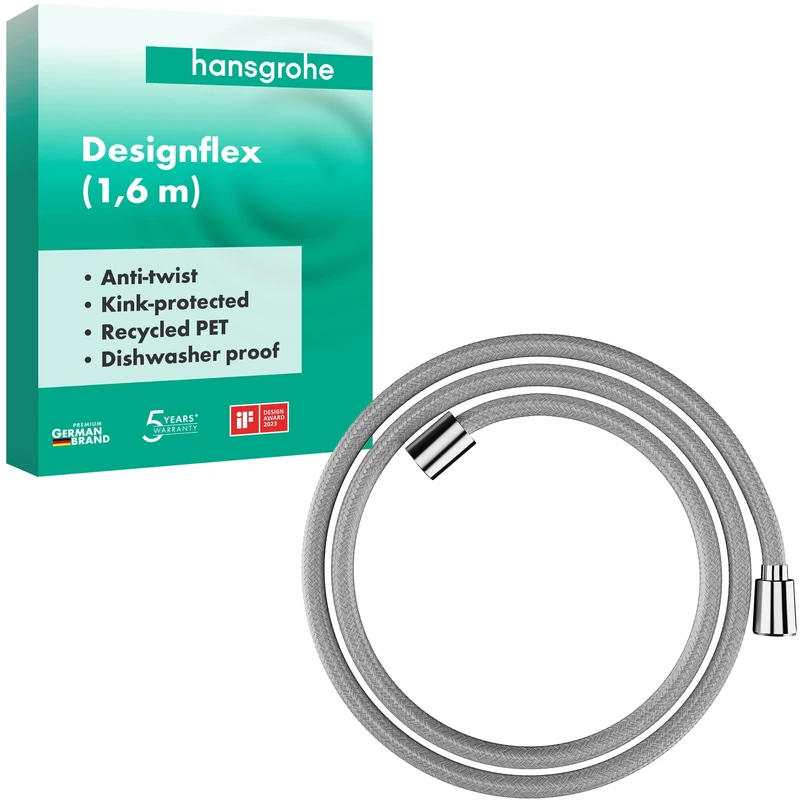 hansgrohe Designflex - universal fit textile shower hose 1,60 m, tangle free, flexible shower head hose anti-kink, incl. sealing rings, chrome, 28260000