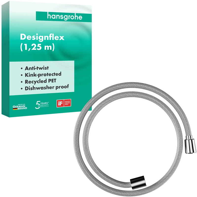 hansgrohe Designflex - universal fit textile shower hose 1,25 m, tangle free, flexible shower head hose anti-kink, incl. sealing rings, chrome, 28220000