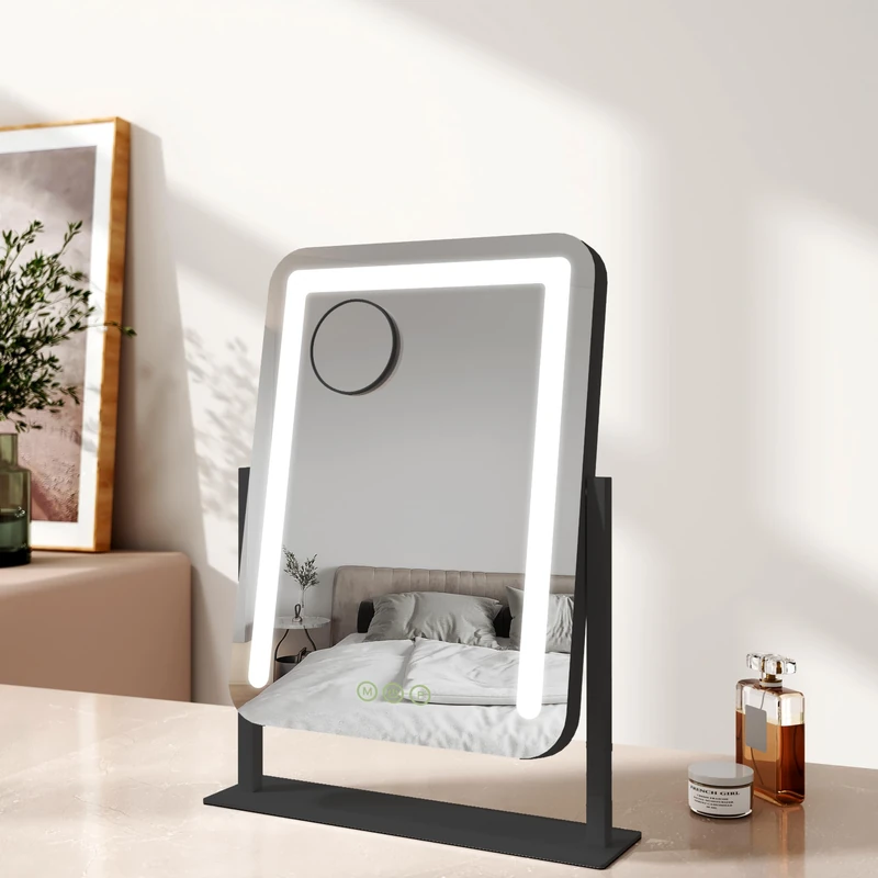 EMKE Hollywood Makeup Mirror with Lights, 35 x 46 cm Small Lighted Vanity Mirror with 360°Rotation 3 Color Lighting Modes, 7X Magnifying Hollywood Mirror with Dimmable Strip Light, Black