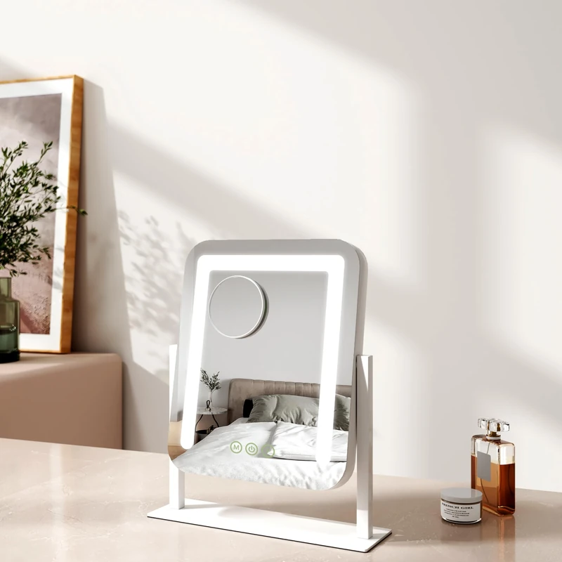 EMKE Hollywood Makeup Mirror with Lights, 30 x 36 cm Small Lighted Vanity Mirror with 360°Rotation 3 Color Lighting Modes, 7X Magnifying Hollywood Mirror with Dimmable Strip Light, White