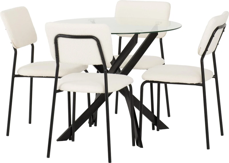 Seconique Sheldon Round Glass Top Dining Set with 4 Dining Chairs in Clear Glass/Black/Ivory Boucle Fabric