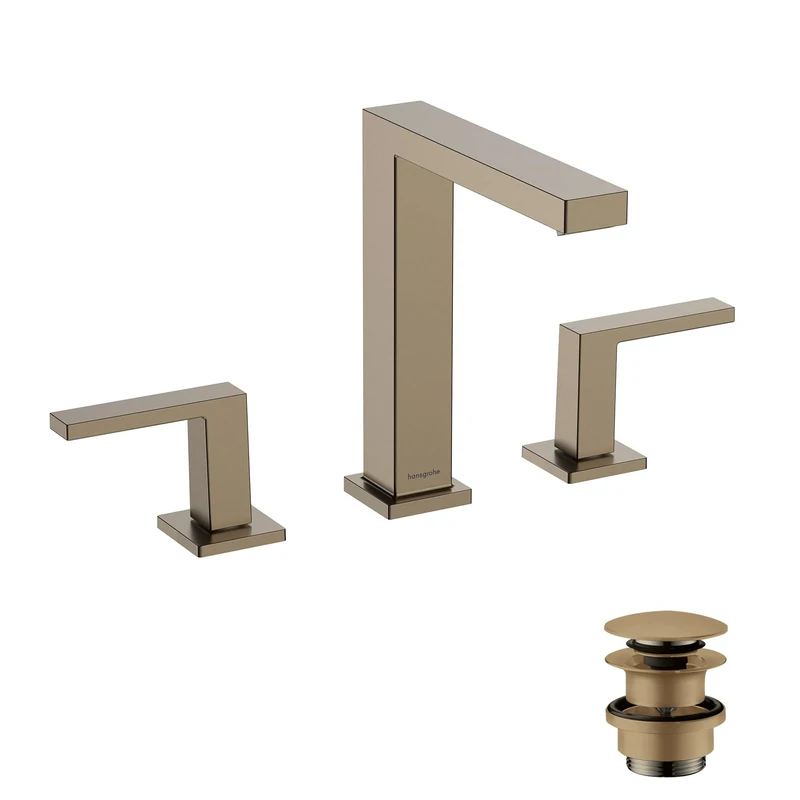 hansgrohe Tecturis E - 3-hole bathroom tap with push-open waste set, bathroom sink tap with spout height 150 mm, basin mixer tap water-saving (EcoSmart+), brushed bronze, 73030140