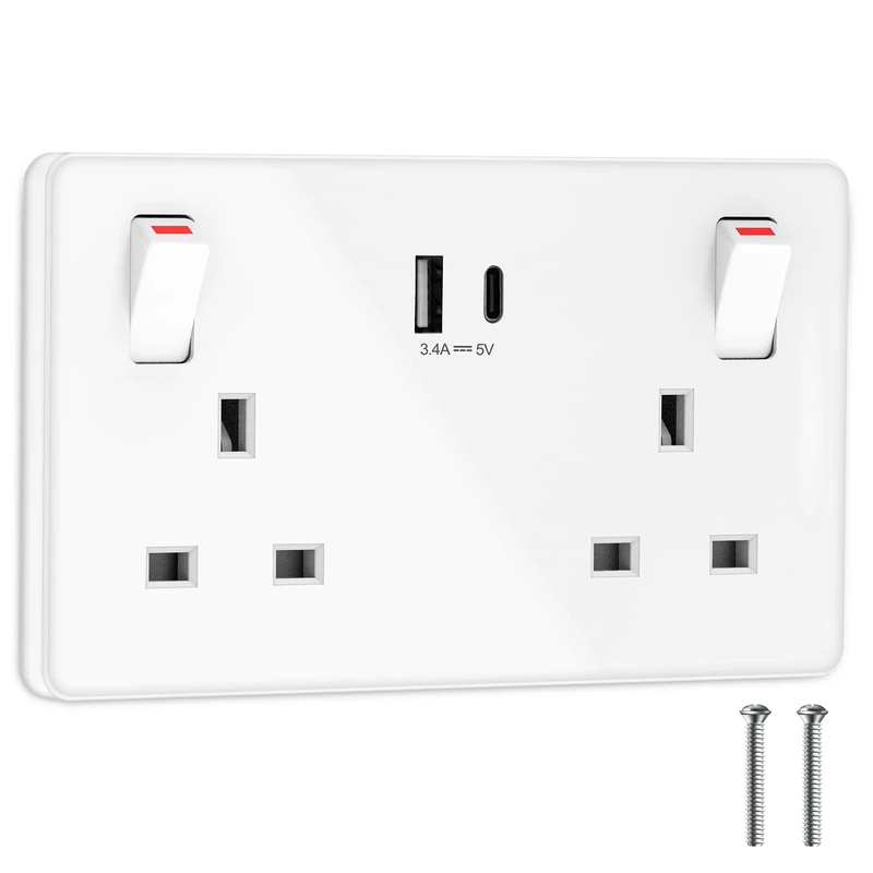 Double Plug Socket USB C Switched Wall Socket with 2 USB Ports Electrical Power Outlets 2 Gang 13A Twin Electric Double Sockets, White