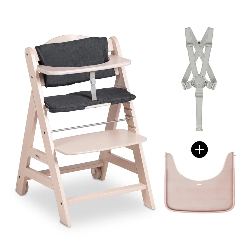 hauck Beta+, Whitewashed - Wooden High Chair Set from 6 Months to 90 kg - with Wheels, Seat Cushion, Wooden Tray & Bumper Bar, 5 Point Harness & Crotch Strap - Made from FSC Certified Beechwood