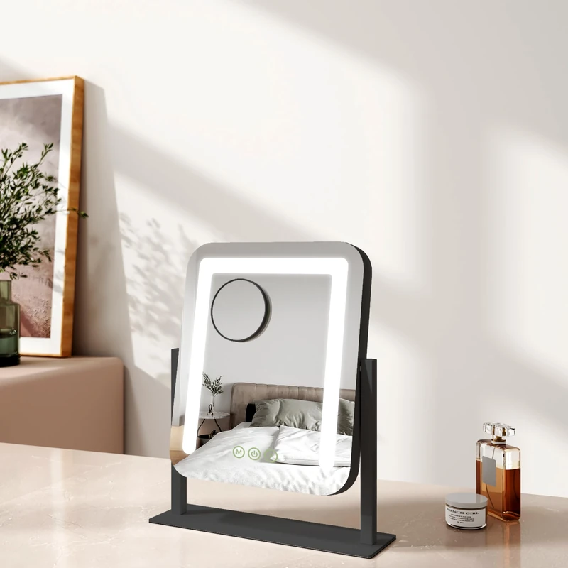 EMKE Hollywood Makeup Mirror with Lights, 30 x 36 cm Small Lighted Vanity Mirror with 360°Rotation 3 Color Lighting Modes, 7X Magnifying Hollywood Mirror with Dimmable Strip Light, Black