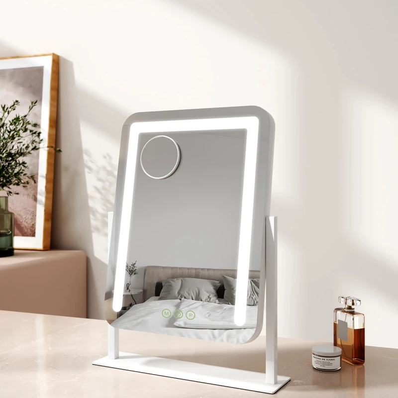 EMKE Hollywood Makeup Mirror with Lights, 35 x 46 cm Small Lighted Vanity Mirror with 360°Rotation 3 Color Lighting Modes, 7X Magnifying Hollywood Mirror with Dimmable Strip Light, White