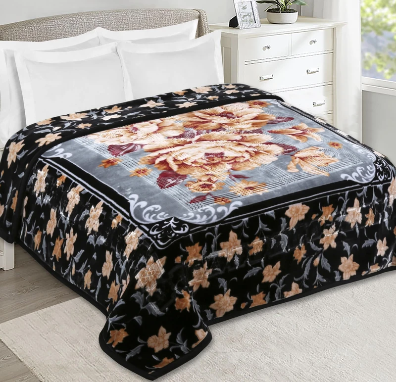 Nestl 9 Lbs Velvet Fleece Blanket for Winter - 2 Ply Heavy & Warm Korean Style Bed Blanket - Reversible Printed Raschel Queen Size Blanket - Wrinkle & Fade Resistant - 79 x 94 Inches - Black & Grey