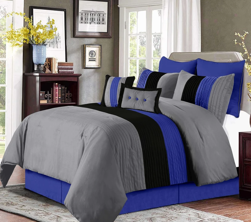 Chezmoi Collection Loft 8-Piece Queen Comforter Set, Gray/Blue/Black Luxury Striped Bedding for All Season