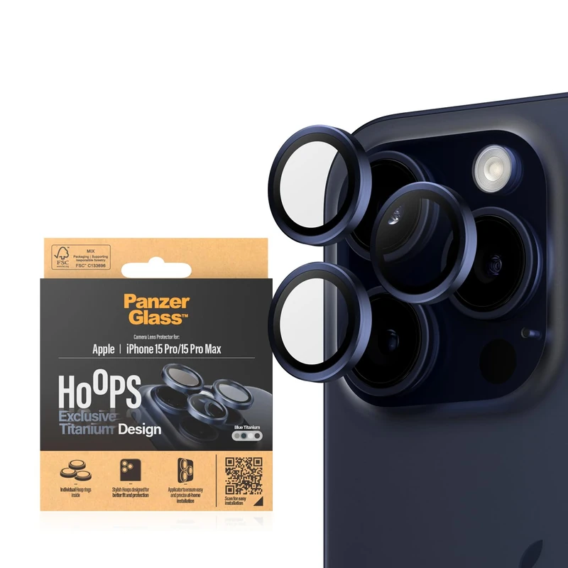PanzerGlass™ Ti Hoops camera lens protector for Apple iPhone 15 Pro | Pro Max - protection with style, shockproof glass, blue titanium
