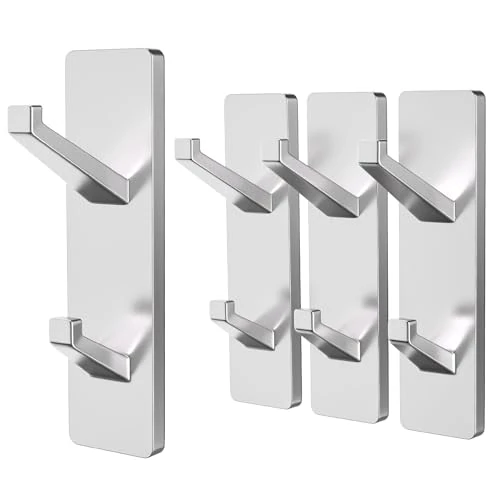Adhesive Wall Hooks For Hanging Towels - Stick On Hooks, Hold 13 LB, Towel Hooks For Bathrooms,Door Hooks For Hanging,Coat Hooks, Robe & Towel Hooks, Kitchen Towel Hook,Bathroom Hooks, Silver,4 Pack