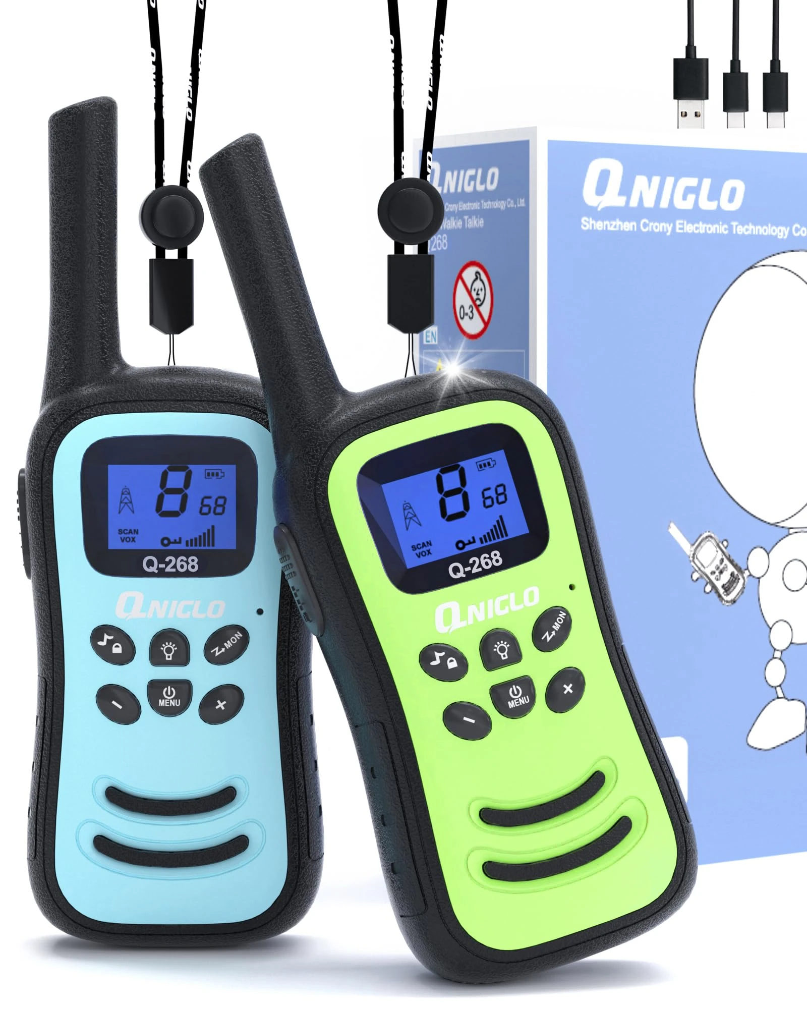 QNIGLO Walkie Talkies for Aged 3-12 Kids, Rechargeable Long Range Walkie Talkie 8 Channels 2 Way Radio with LED Flashlight, Gifts Toy for Boys Girls Outdoor Adventures, Camping, Hiking(BlueGreen)