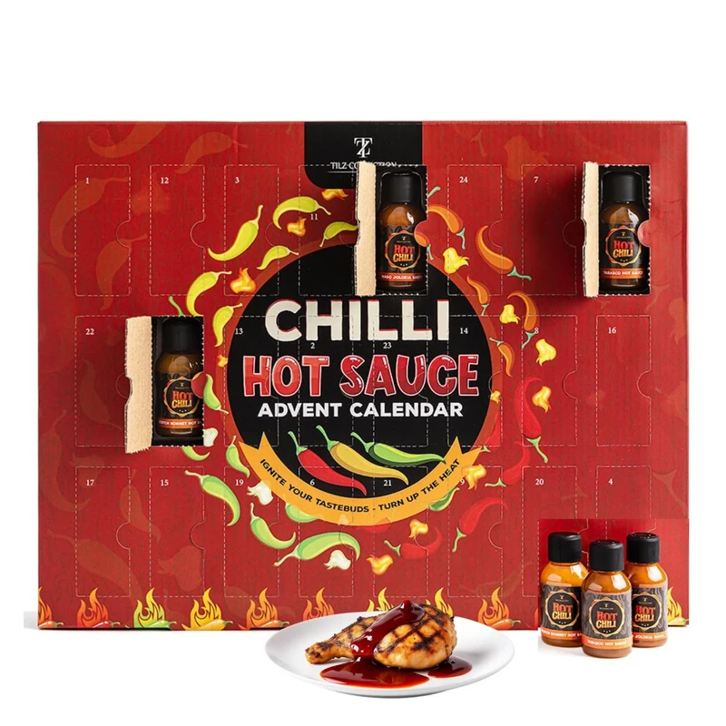 Hot Sauce Advent Calendar 2025-24 Days, Chilli Sauce, Hot Sauce Gift Set |Food Gifts For Men, Women, Christmas Gifts For Men, Women, Xmas Present, Vegan Christmas Food, BBQ, Habanero, Jalapeño Heat