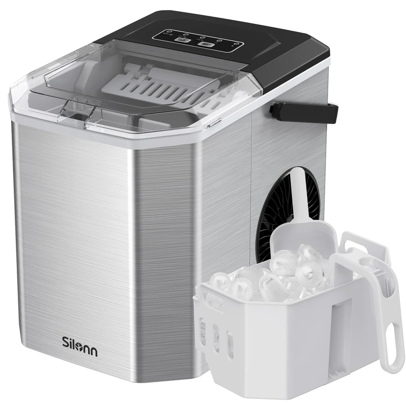 Silonn Ice Maker Countertop, Portable Ice Machine with Carry Handle, Self-Cleaning Ice Cube Makers with Basket and Scoop, 9 Cubes in 6 Mins, 12 KG per Day, Ideal for Home, Kitchen, Camping, RV