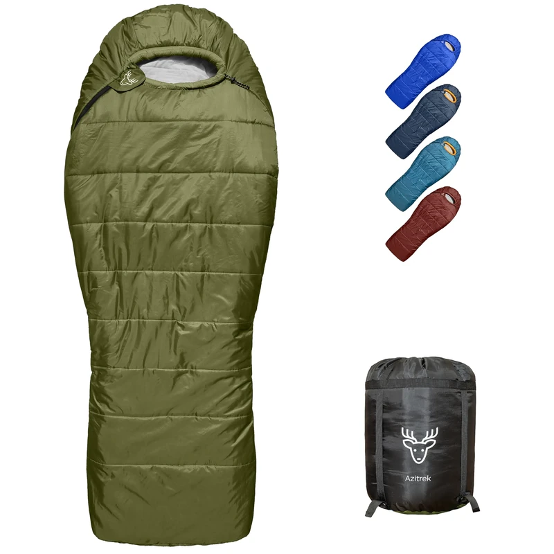 Azitrek 0 Degree Mummy Sleeping Bags for Adults Camping | XXL Big and Tall 3-4 Season Warm Cool | Cold Weather Winter Sleeping Bag w. Compression Sack Youth | Side Sleeper Friendly (Loden Green)