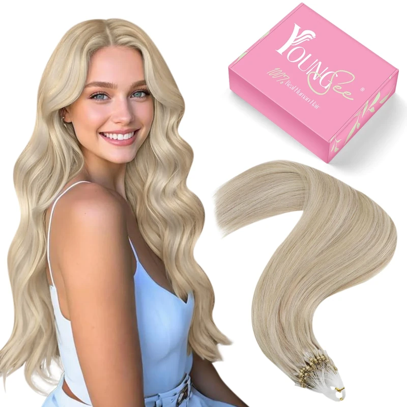YoungSee 20 inch Micro Hair Extensions Highlight Micro Ring Human Hair Extensions Blonde Highlights with Ash Blonde for Bridal Look Cold Fusion Natural Looking Stylish Add Volume 50g 50s