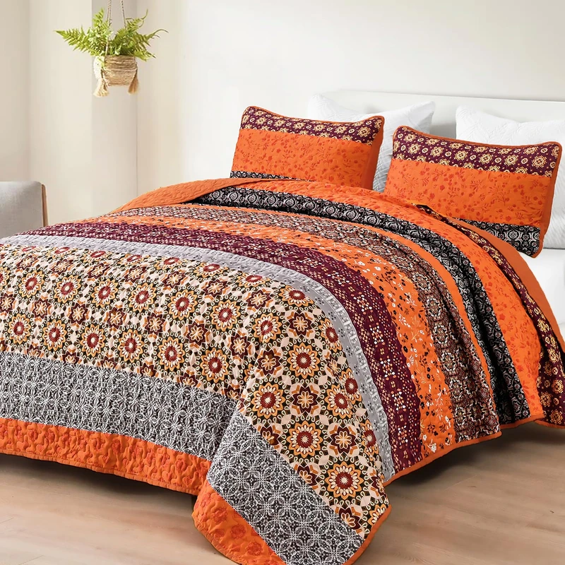 WONGS BEDDING Boho King Size Bedspread Set for Autumn, Orange (Burnt Orange) Bohemian Striped Patchwork Bedspread Set with 2 Pillowcases, Lightweight Microfiber Floral Bedding Set, 264 x