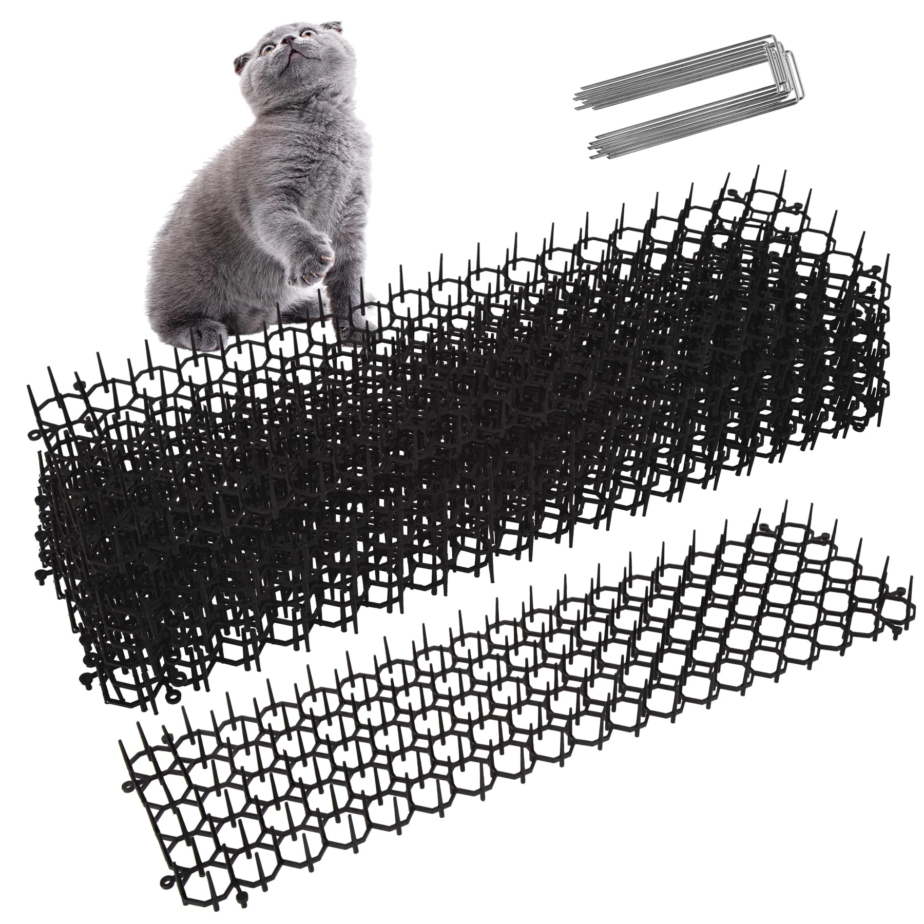 8Pcs 13cmx49cm Anti Cat Animal Repellent Mat with Cat Scat Cat Deterrent Spikes with 12 Garden Pegs, Flat Prickle Strip Dig Stopper for Garden Indoor Lawn
