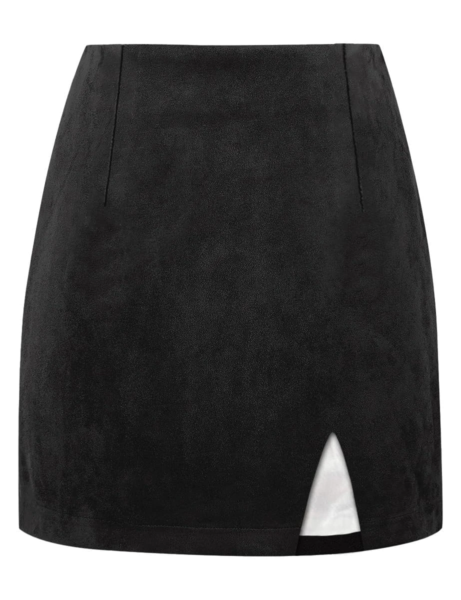 Plaid Mini Skirts for Womens High Waisted Fall Winter Wool Bodycon Pencil Skirts with Slit, Suede Black, XXL