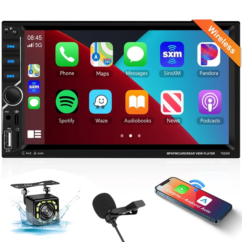 Podofo Upgrade Wireless Double Din Carplay Car Radio with Android Auto Bluetooth 5.1, 7 inch HD Touchscreen Car Stereo with Mirror Link, FM Radio,USB,Type-C Charging,Backup Camera