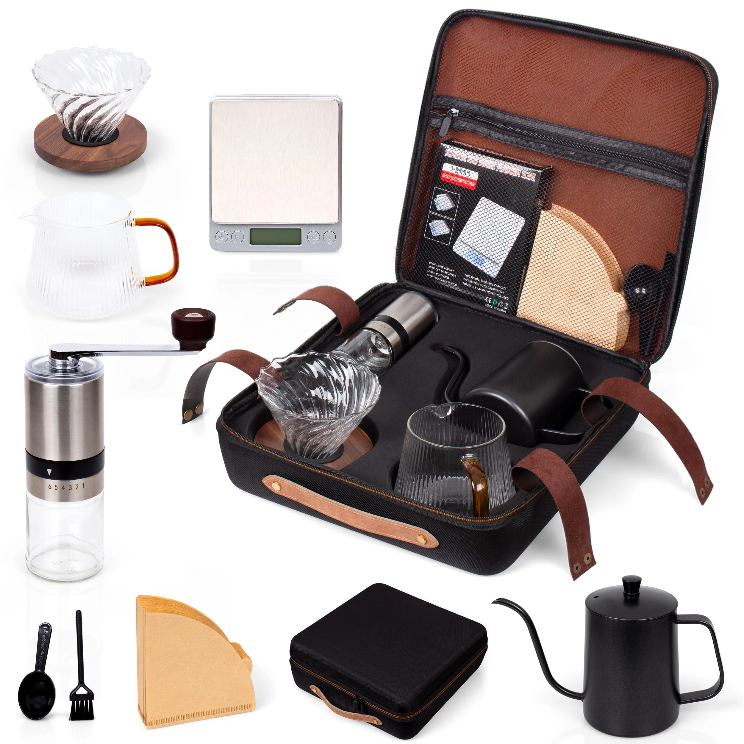 KAIXUAN WOOD Outdoor Travel Coffee Gift Set with Goose Neck Kettle Digital Scale Walled Glass Mug Glass Server Manual Grinder Glass Dipper 100 pcs Paper Filter and Scope for Drip