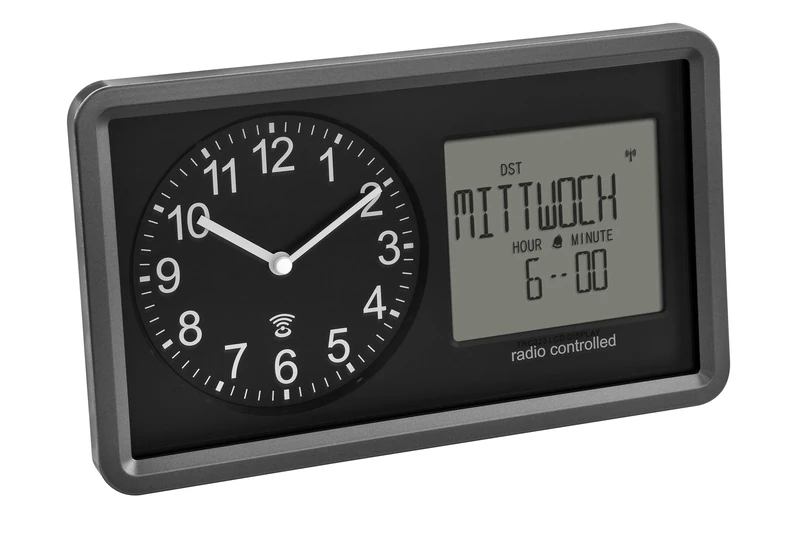 TFA Dostmann Analogue Radio-Controlled Clock with Calendar. 60.3552.01, Senior Clock, Alarm Alarm & Snooze Function, Digital Display of Day of the Week and Date, Analogue Table Clock, Low Backlight,