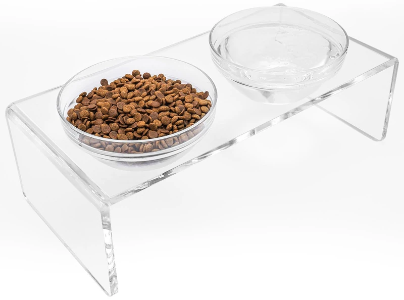Feoyoho Acrylic Elevated Dog Cat Bowls Pet Feeder Double Bowl Raised Stand Comes with 2 Removable Glass Bowls and 2 Stainless Steel Bowls.Perfect for Large Dogs, 7.2" Tall