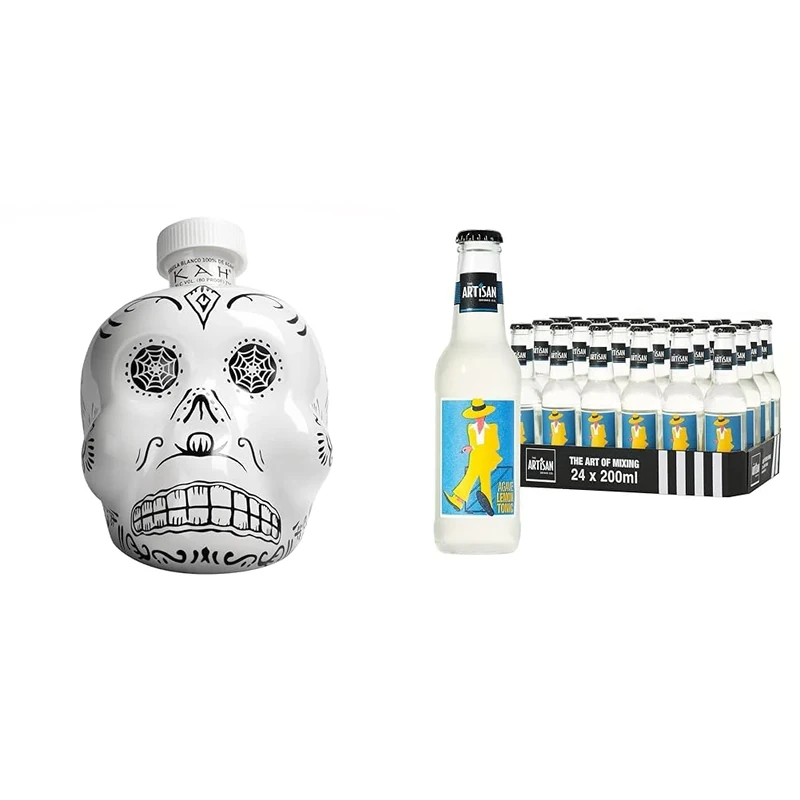 KAH Tequila Blanco - Day of the Dead Decorated White Bottle - 100% Blue - 40% vol 70 cl (700ml / 0.7 Litre) + Agave Lemon Tonic Water- 200mlx24 Tonic Water Bottles