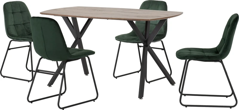 Seconique Athens Dining Table Set with 4 Lukas Dining Chairs in Medium Oak Effect/Emerald Green Velvet