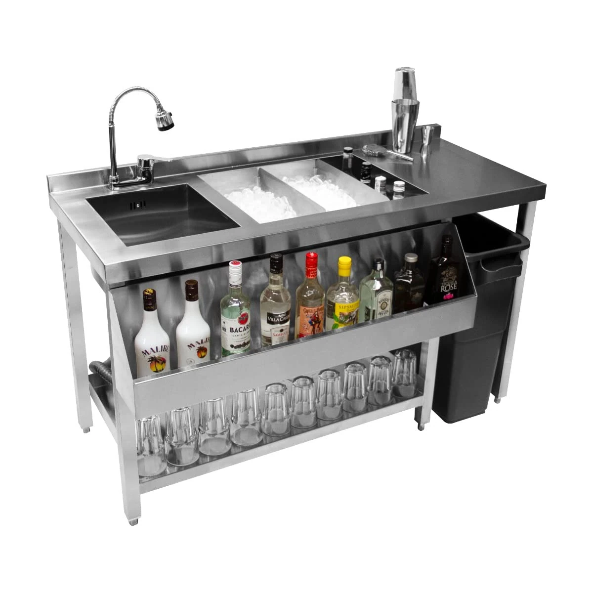 Monster Shop Cocktail Bar Station Stainless Steel 90L Insulated Ice Well Removable Dividers Floor Standing Workstation Large Sink 360 Swivel Mixer Tap Speed Rail Bin Void FREE Boston Cocktail Shaker