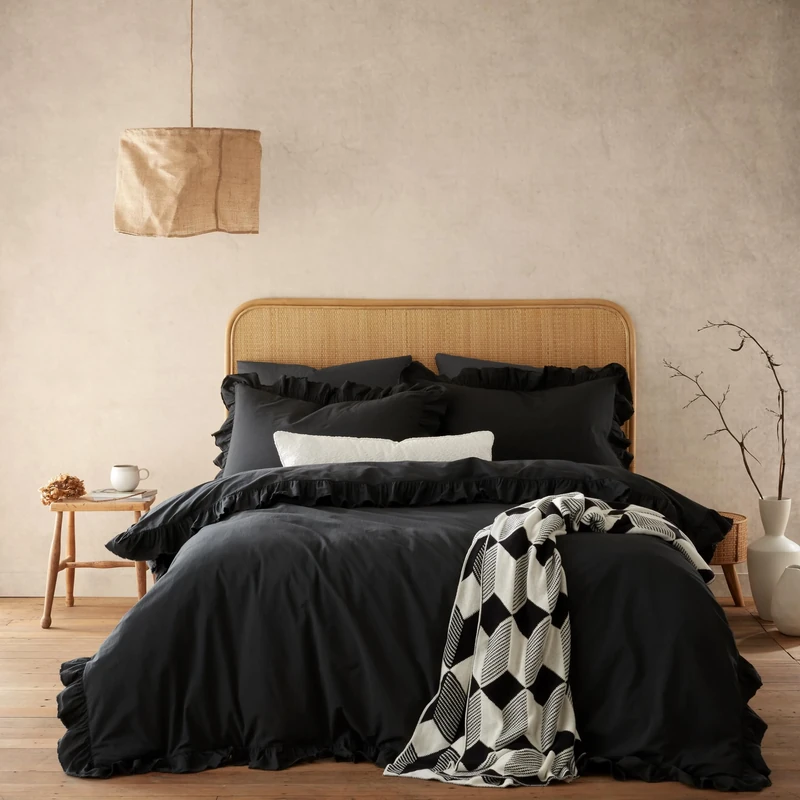 Style Sisters Ruffle Frill Washed 200 Thread Count Cotton Double Duvet Cover Set with Pillowcases Black