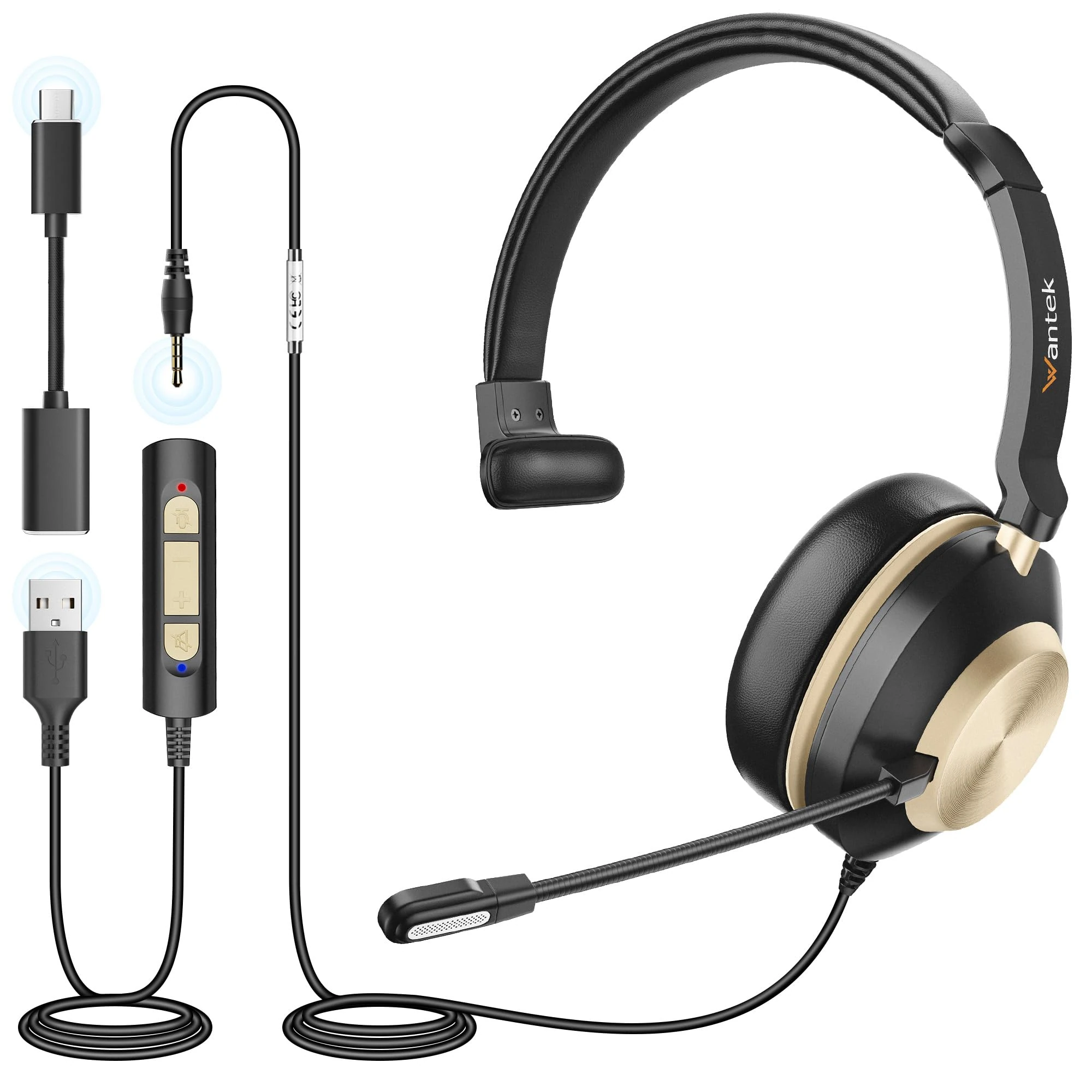 Wantek USB Headset with Microphone, Type-c/USB/3.5mm Jack 3-in-1 Computer Headsets, Mono Headsets with Noise Cancelling and Volume Control for Call Centers, Skype, Zoom, Office,Business