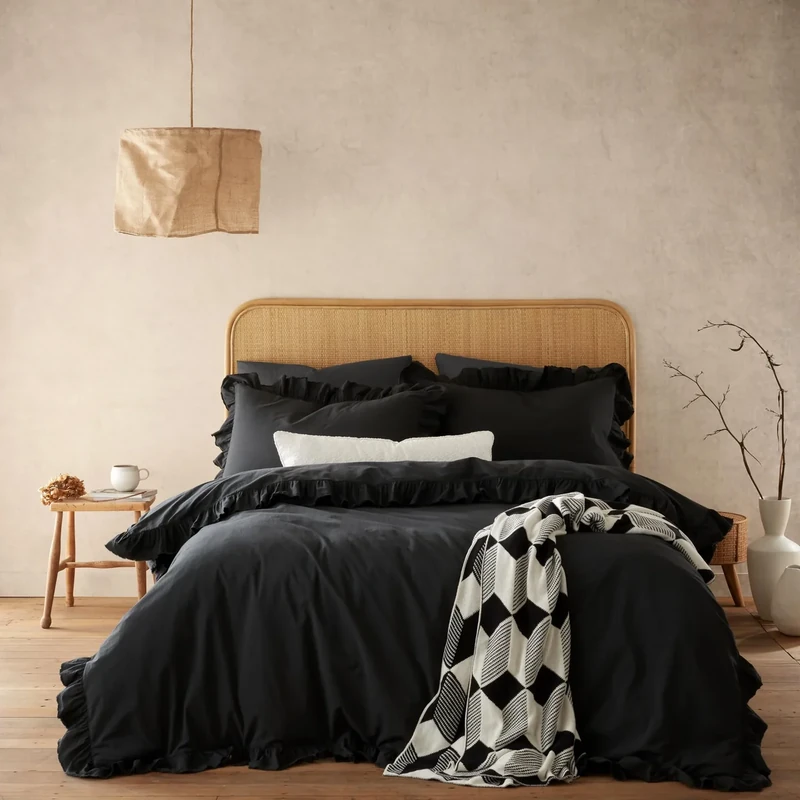 Style Sisters Ruffle Frill Washed 200 Thread Count Cotton Super King Duvet Cover Set with Pillowcases Black - Image 1