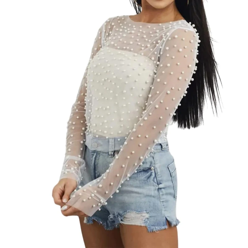 Naileksi Women Pearl Rhinestone Sheer Mesh Crop Top Sexy See Through Long Sleeve Slim Fit Cropped Blouse Shirt Clubwear, Pearl White, Medium