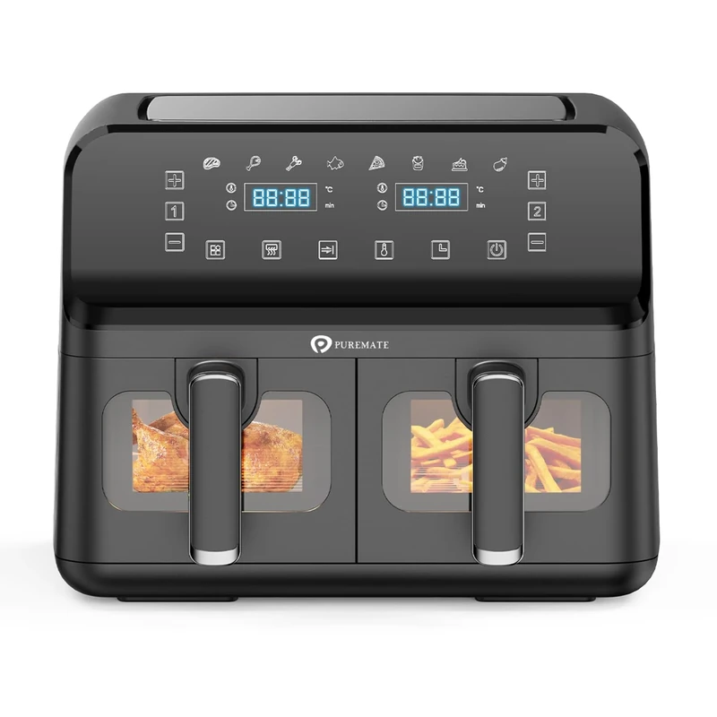 PureMate 9L Dual Air Fryer with Digital Display, Healthy Oil Free 2500W Air Fryer with 8 Preset, LED One Touch Screen, Timer & Adjustable Temperature Control (9L(4.5L+4.5L) Dual Basket)