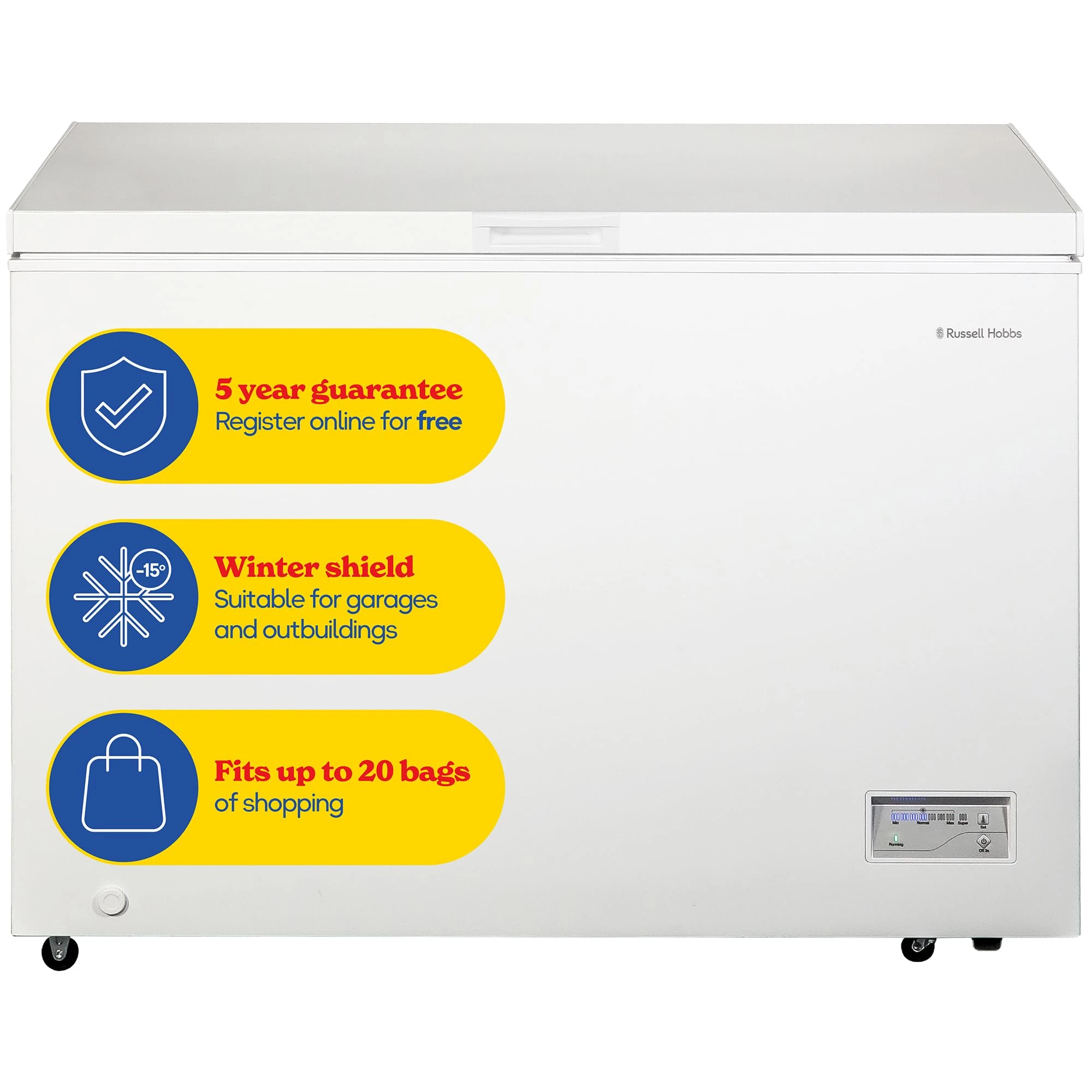 Russell Hobbs Free Standing Chest Freezer, 300 Litres, Low Noise, Garage Safe, Counterbalance Lid, Front Drain Hole, 1.8m Cord, Castor Wheels, 5 Year Registered Guarantee White, RH300CF201W