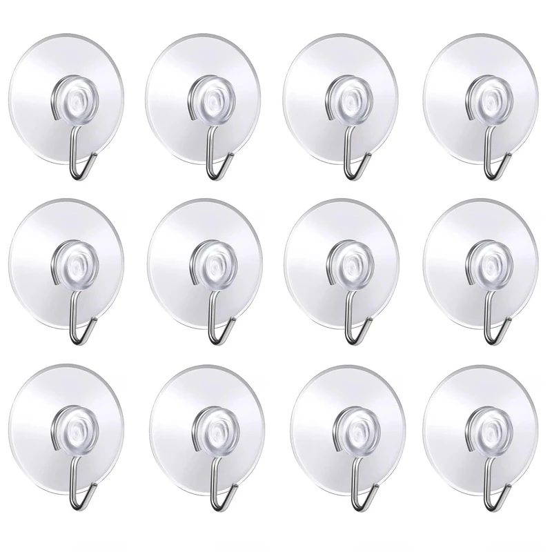 Navoys Pack of 12 40mm Suction Cup Hooks - Premium PVC Cups with Metal Hooks, Window Glass Suction Cups, Ideal for Bathrooms, Towels, Sponges, Wreaths or Kitchen Utensils