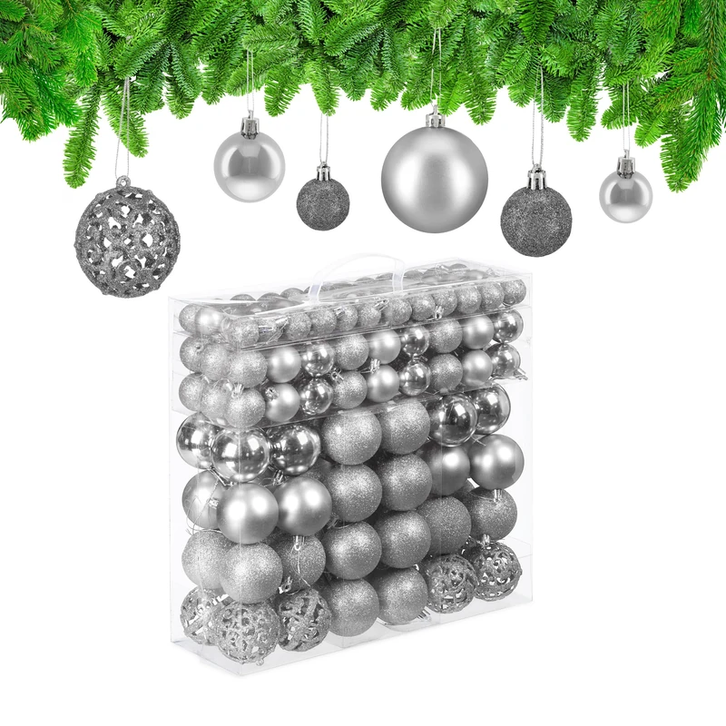 Relaxdays Set of 150 Christmas Baubles, Glittering, Matt & Shiny Surface, Tree Ornaments, Plastic, ∅ 3, 4 & 6 cm, Silver