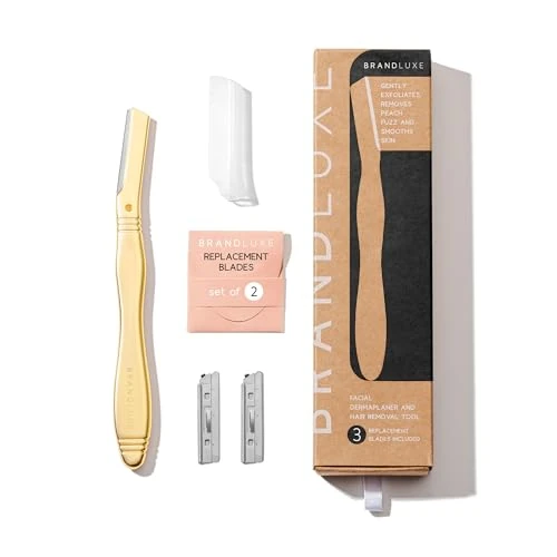Brandluxe Dermaplaning Tool for Face, Eyebrow Shaping, Gentle Hair Removal and Exfoliation. Designed for Women, an eco-friendly design. Includes 3 Swedish stainless steel razor blades. (Royal Gold)