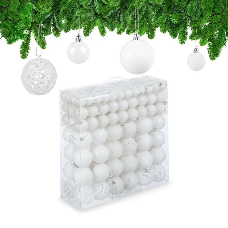 Relaxdays Christmas Baubles Set of 150, Glittering, Matt & Shiny Surfaces, Tree Ornaments, Plastic, ∅ 3, 4 & 6 cm, White