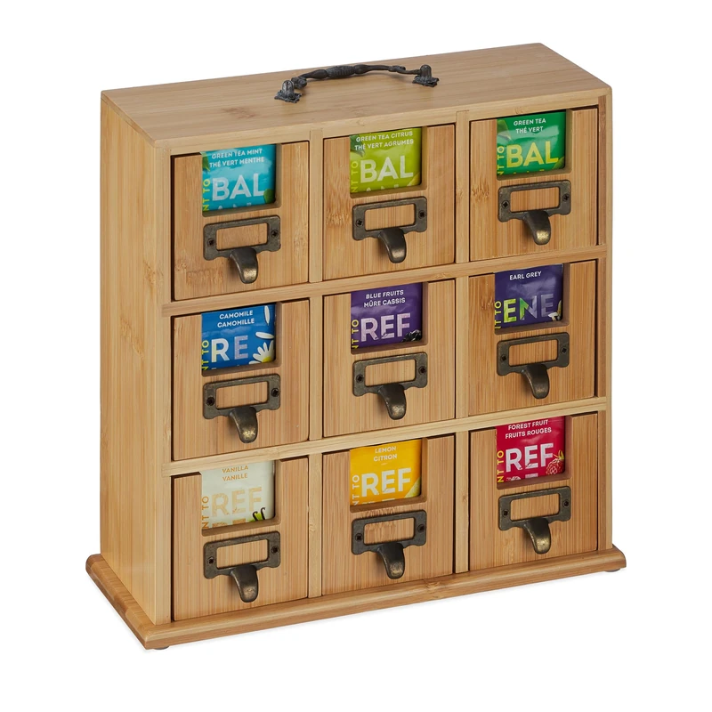 Relaxdays Tea Organiser, 9 compartments, Bamboo, HxWxD: 29 x 30 x 11,5 cm, To Be Placed or Hang Up, Tea Storage, Natural