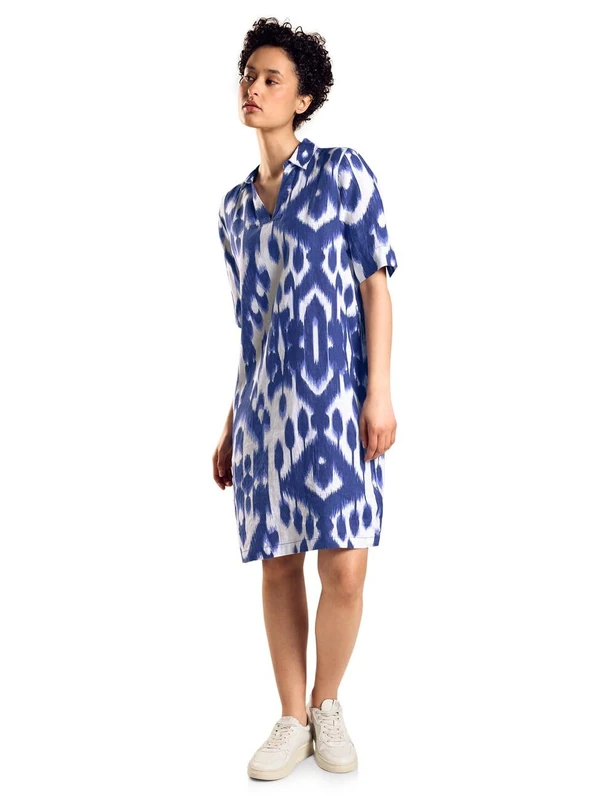 Street One Women's Aop Linen Shirt Tunic_Moderate Dress, Deep water blue, 40