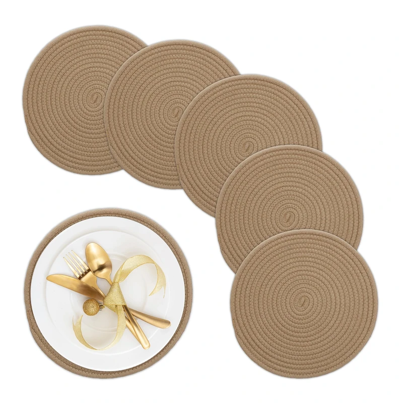 Relaxdays Place Mat Set, 6X Coaster, Tableware, Drinks, Table Protector, Round, Ø 30 cm, Cotton, Boho-Style, Natural, 1 x 30 x 30 cm